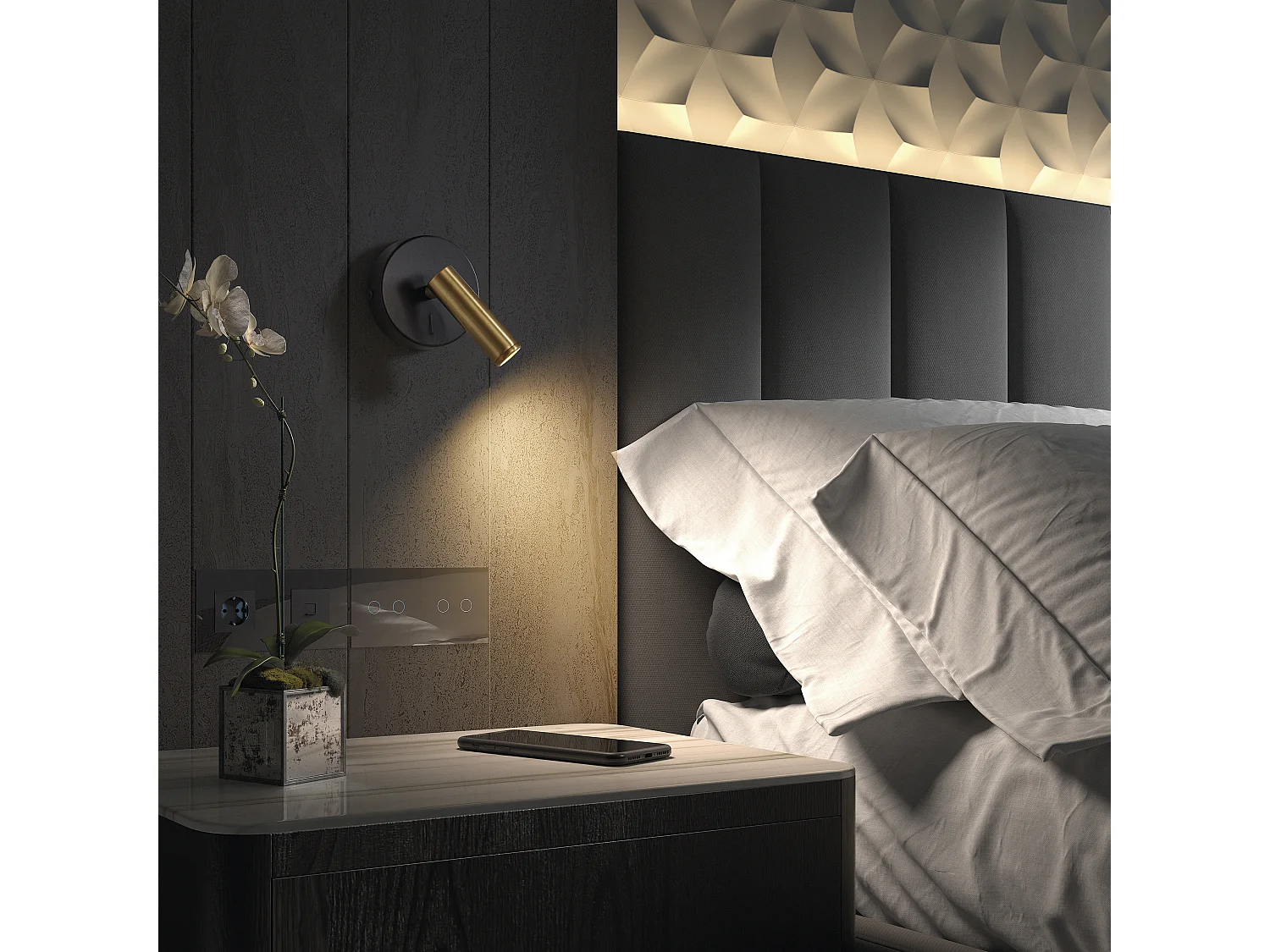 MINIMAL wandlamp moderne en veelzijdige stijl - D. 9,5 cm - 3W SMD LED - 200lm en 3K - aan&uit - 300º en 90º graden - staal - zwart en goud