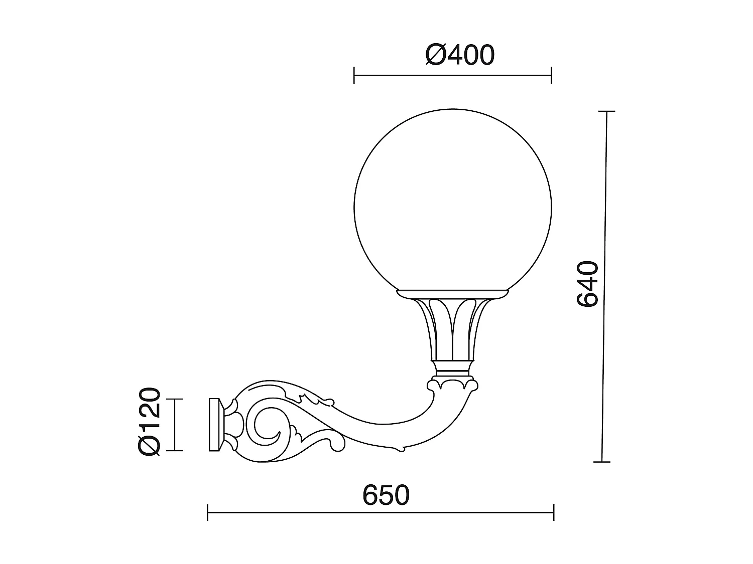 Aplique INDURA GLOBO estilo clássico - A 64 cm x largura 65 cm - E27 70W - esfera opala - resina - IP55 - preto