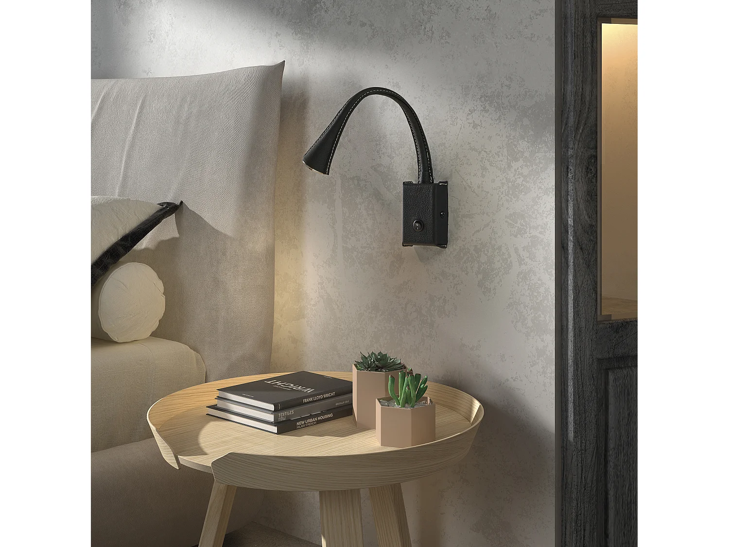 Moderne Skin-Reader-Wandleuchte – Innenbereich – Stahl und schwarzes Leder – 2 W SMD-LED – 3.000 K – 180 ° Grad – ein/aus – IP20