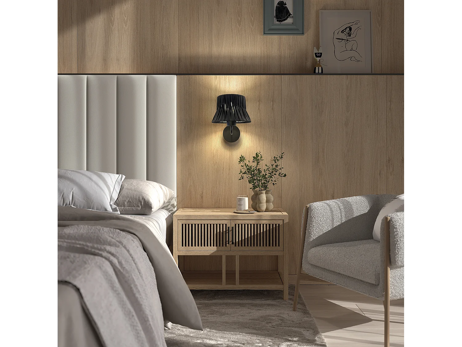 CORA wandlamp klassieke stijl - H 23,5 cm - E27 40W - geplooide lint lampenkap ø20 cm - staal en zwart - IP20