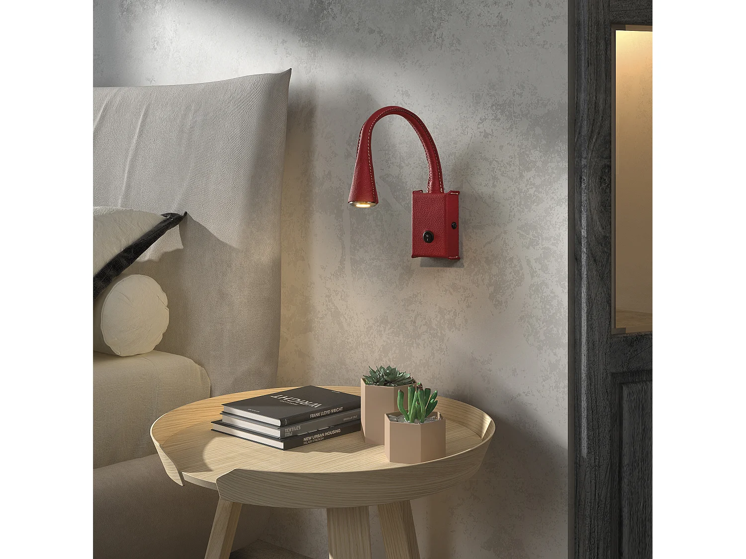 Aplique leitor de pele estilo moderno - uso interior - aço e couro vermelho - LED SMD 2W - 3.000K - 180º graus - ligar/desligar - IP20