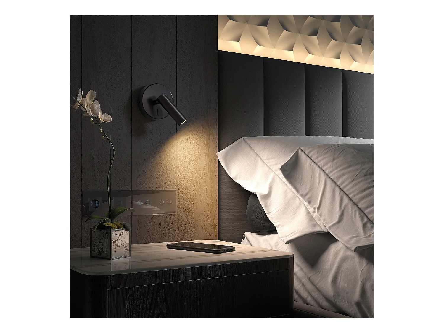 MINIMAL wandlamp moderne en veelzijdige stijl - D. 9,5 cm - 3W SMD LED - 200lm en 3K - aan&uit - 300º en 90º graden - staal en zwart