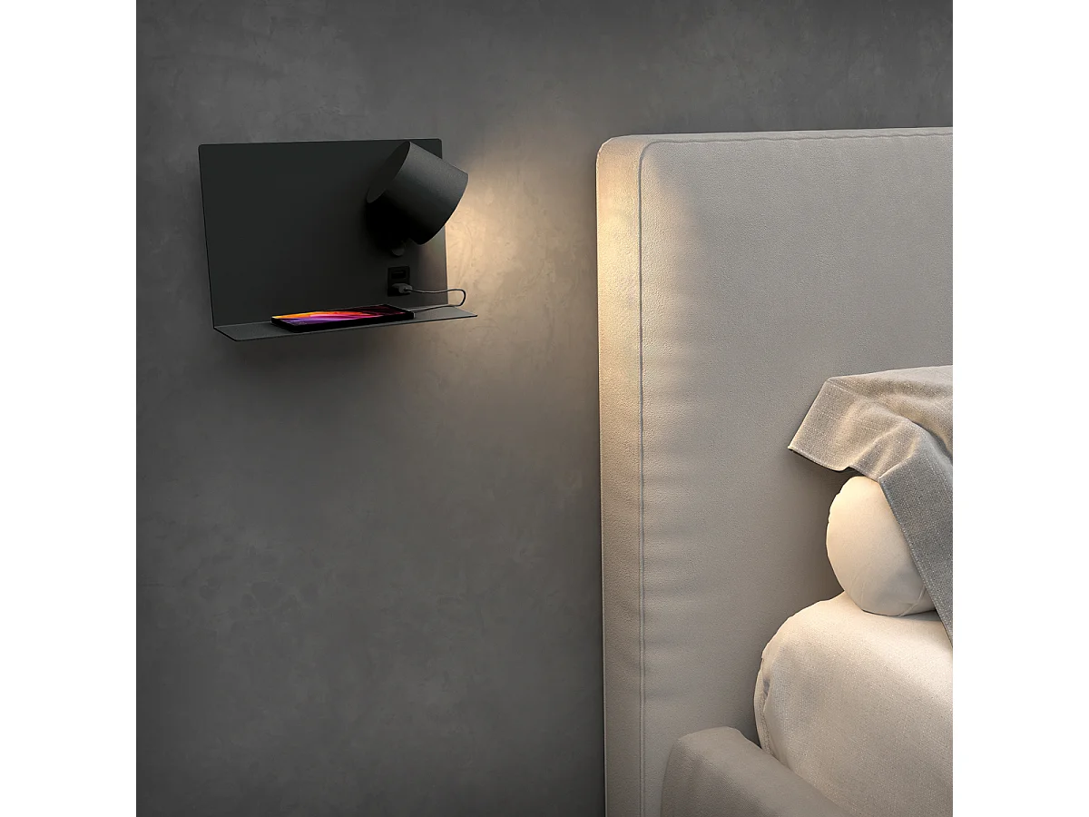 Nowoczesny kinkiet SERENE - LED SMD 6W - 732lm AND 3K - IP20 - 350° - w?./wy?. i USB - PRAWY - stal i czarny