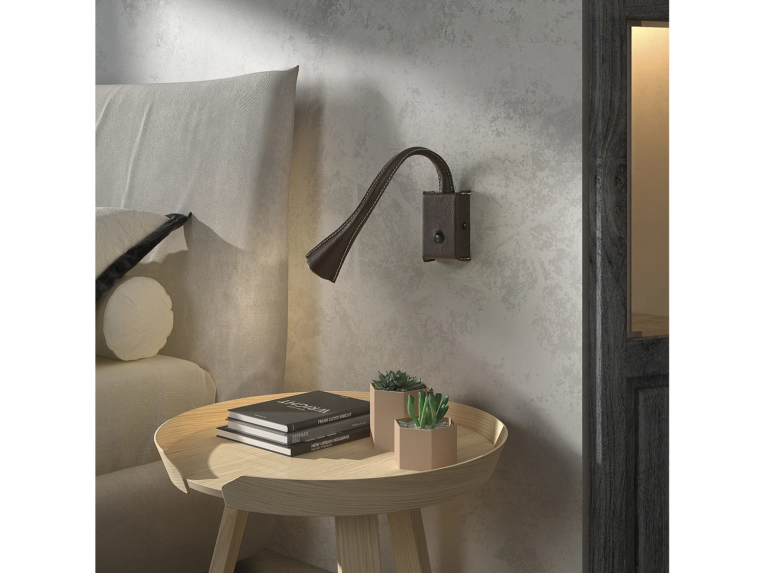 Applique murale modern Skin Reader-acier, cuir marron-2w led- 3 000K- 180º degrés-on&off-ip20