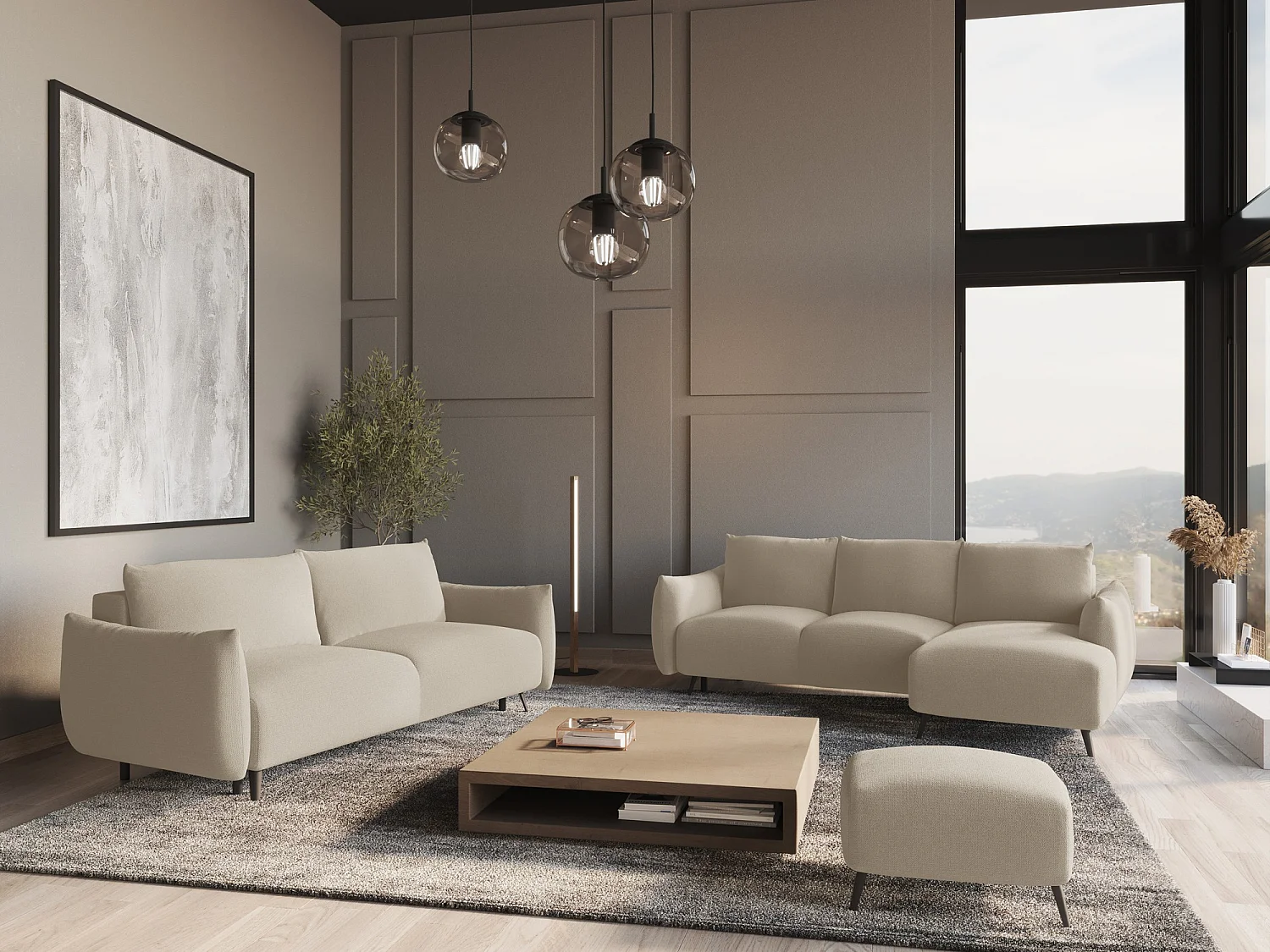 Sofa panoramiczna z funkcją spania - z tkaniny szenilowej - ciemny beż - MALIE