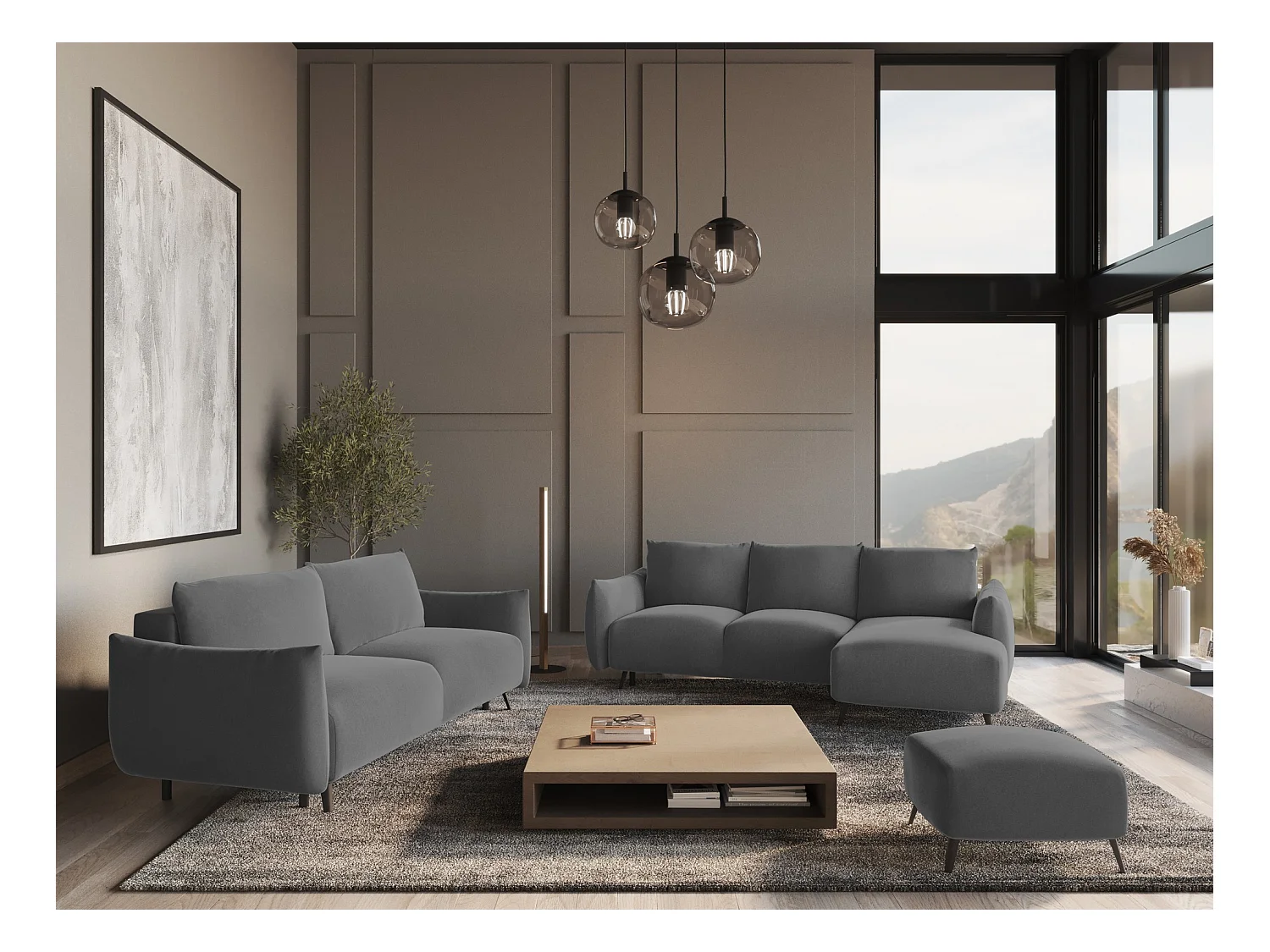 Canapé d'angle panoramique convertible en velours - gris - MALIE