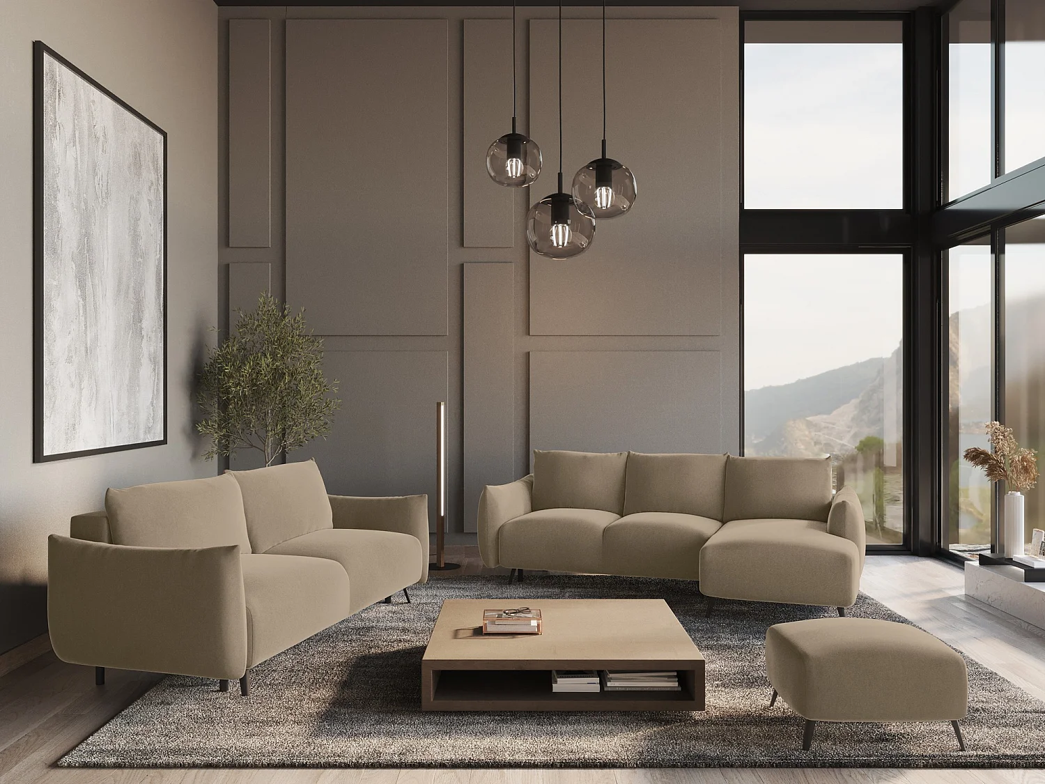 Canapé d'angle panoramique convertible 4 places en velours beige MALIE