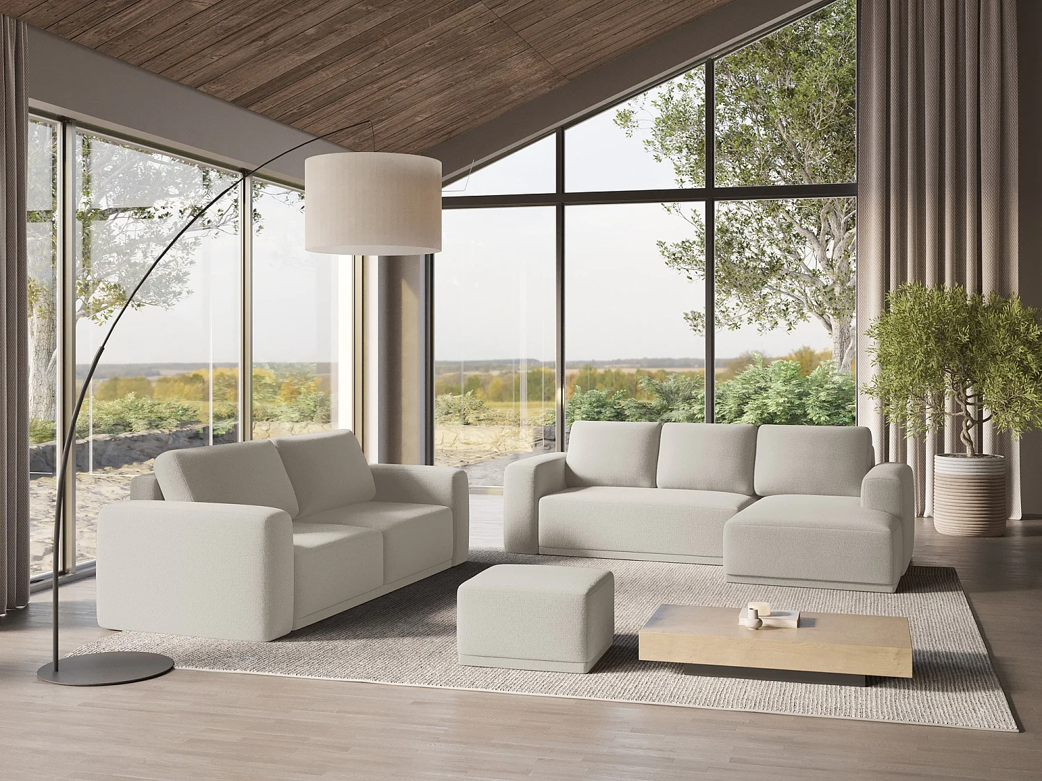 Sofa panoramiczna z funkcją spania - z tkaniny szenilowej - srebrny - KAILA