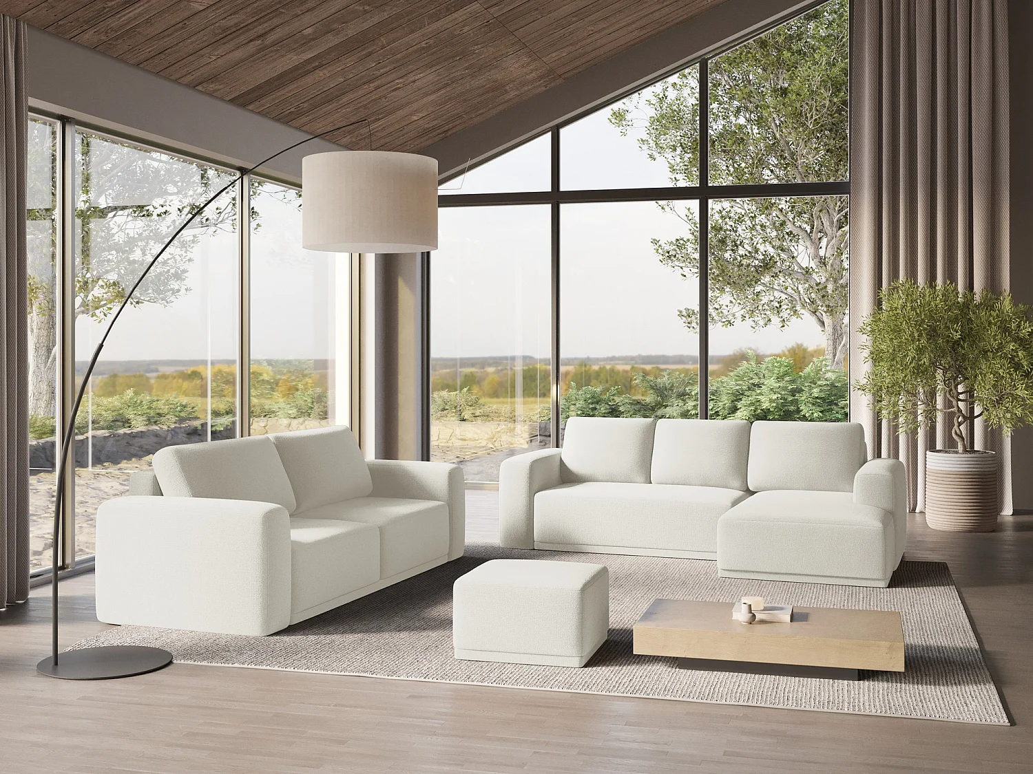 Sofa panoramiczna z funkcją spania - z tkaniny szenilowej - biały - KAILA