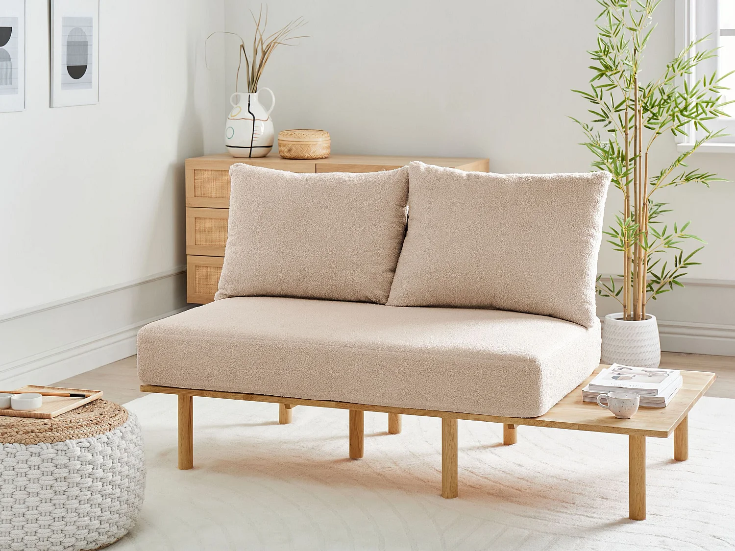 Sofa SALO Bouclé Beige mit Tischen 2-Sitzer
