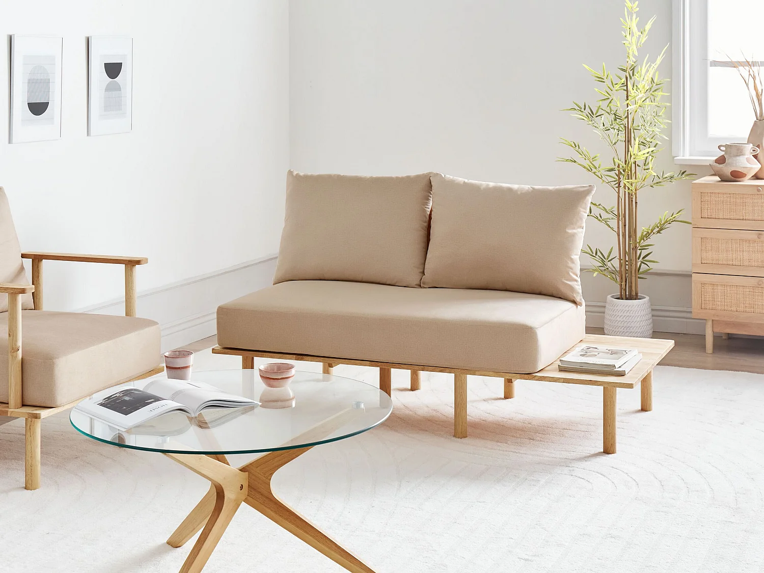 Bank SALO Stof Zandbeige Met tafels 2-zitter