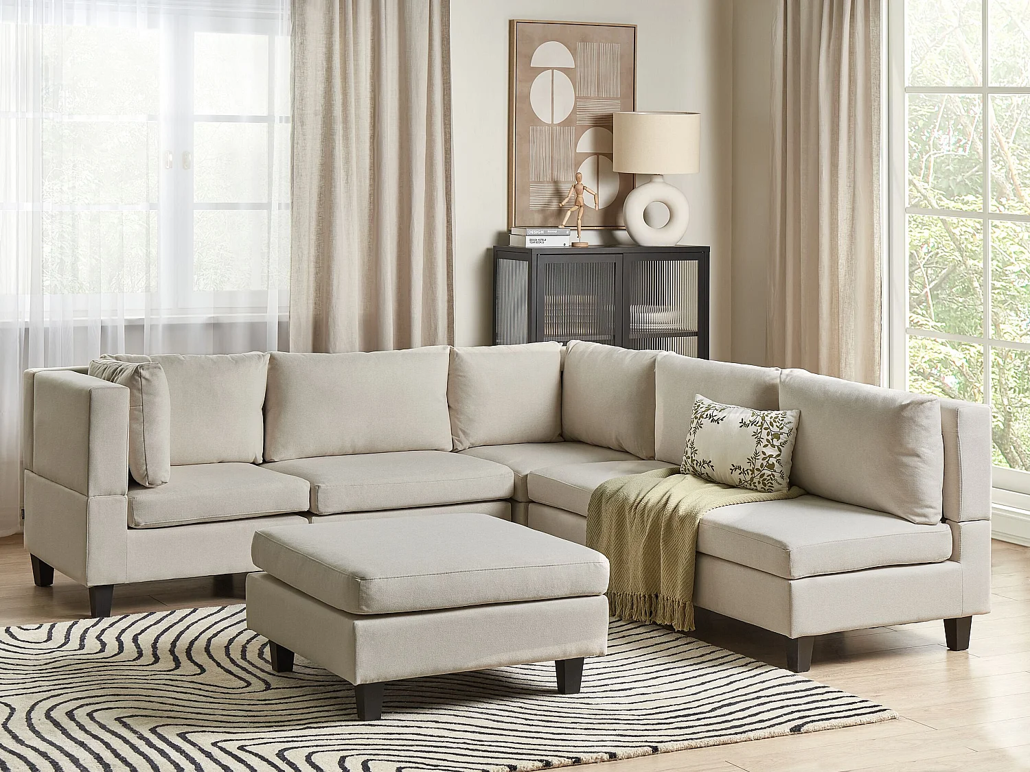 Canapé d'angle modulable UNSTAD Tissu Beige clair avec ottoman 5 places Côté droit