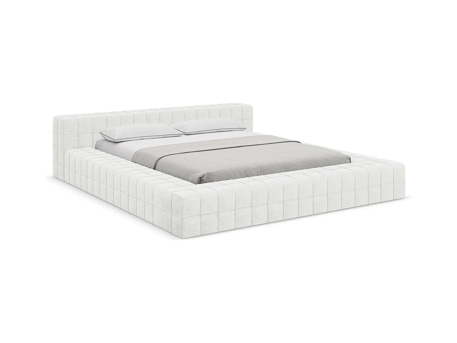 Lit capitonné en tissu bouclette 160 x 200 - blanc - AKELA