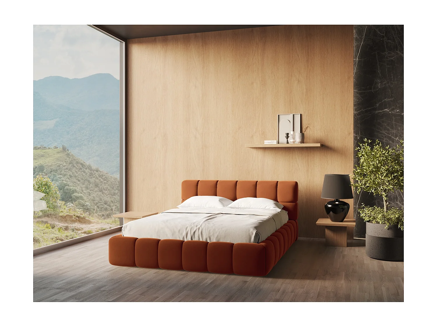 Bett mit Bettkasten - 180 x 228 - Samt - Terrakotta - NALU