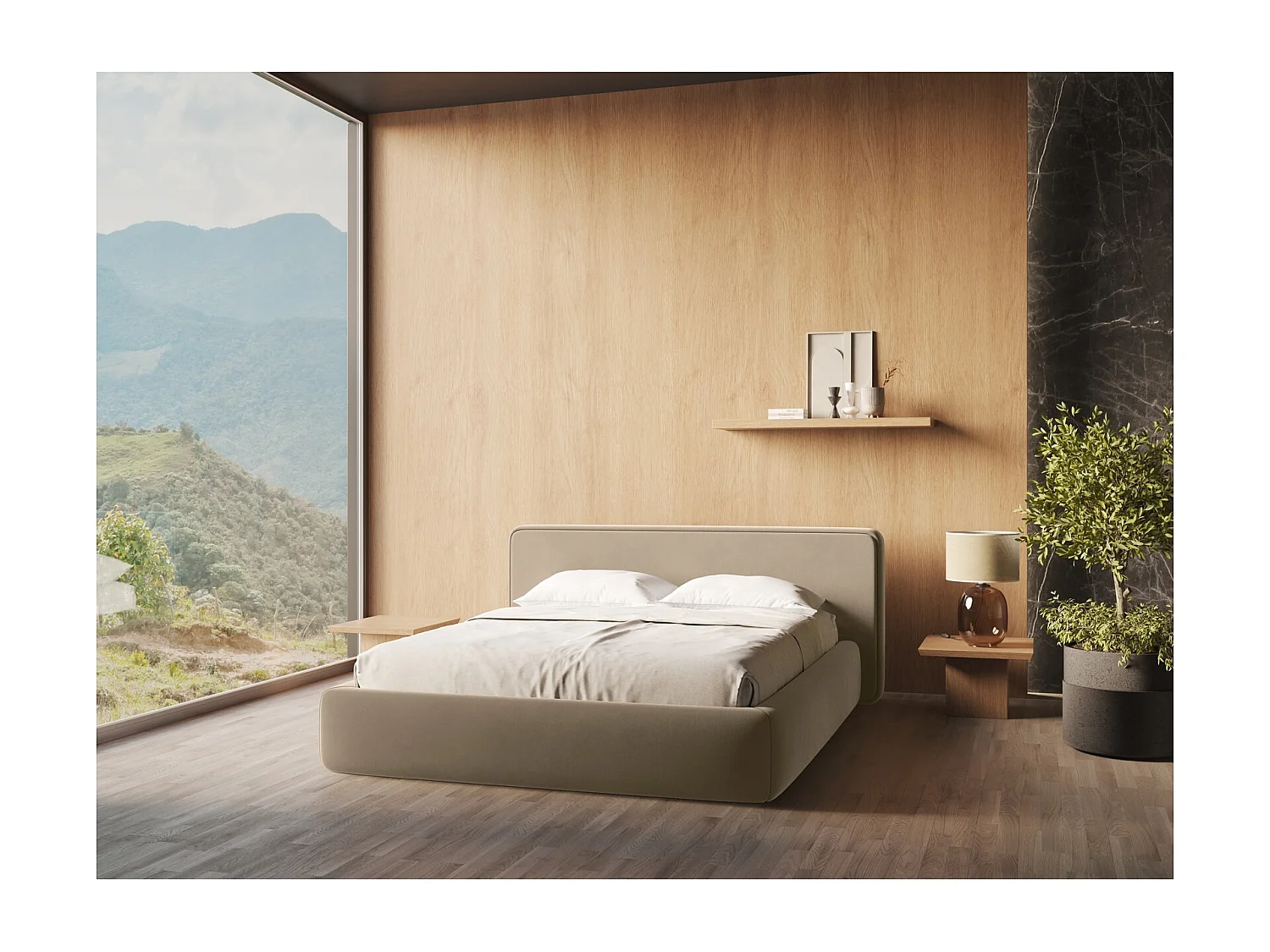 Bed met opbergruimte 200 x 225 - velours - lichtbeige - KIANA