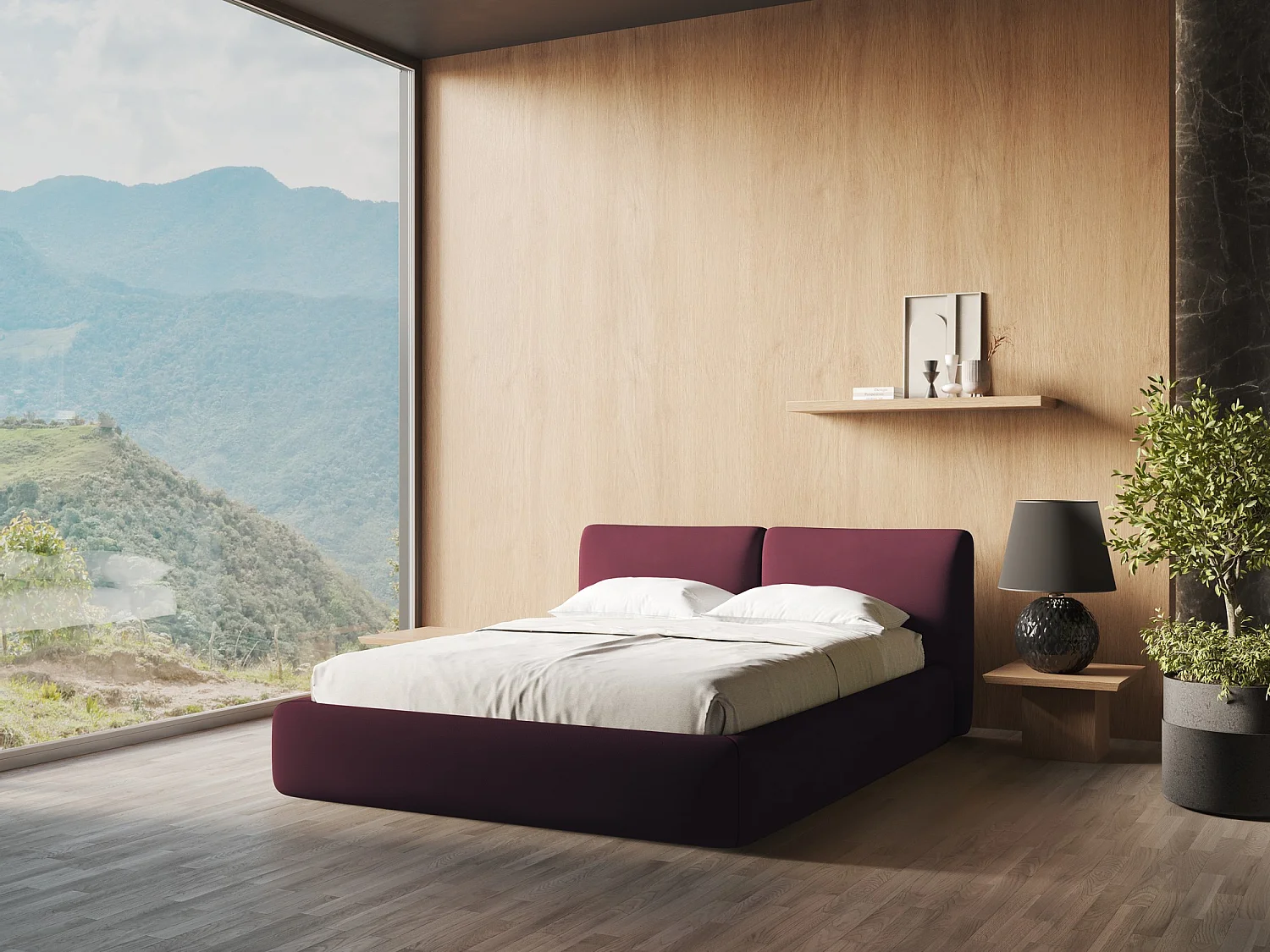 Bett mit Bettkasten - 180 x 228 - Chenille - Rotwein - HOKU