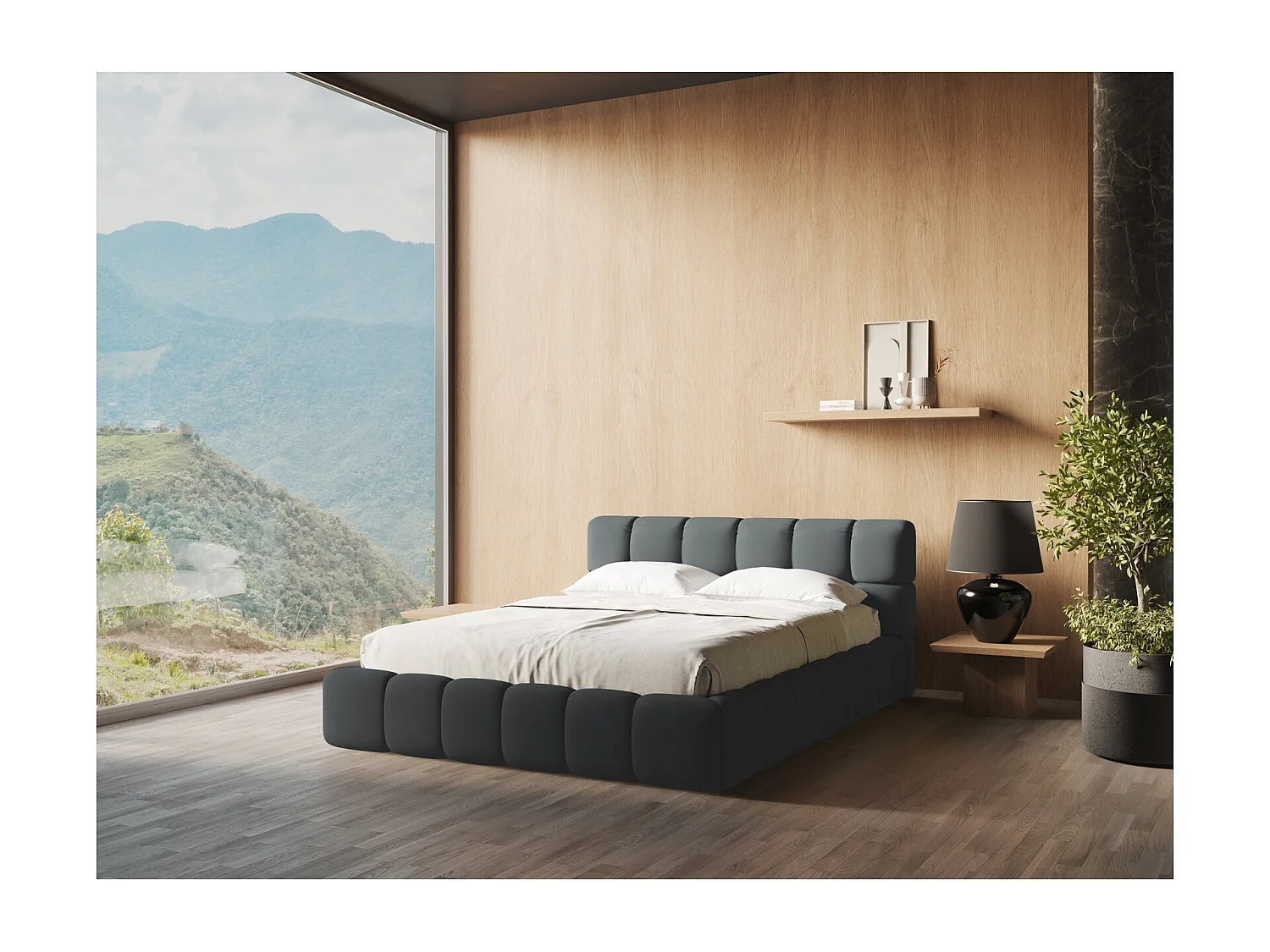 Lit coffre en tissu chenille 140 x 200 - graphite - NALU