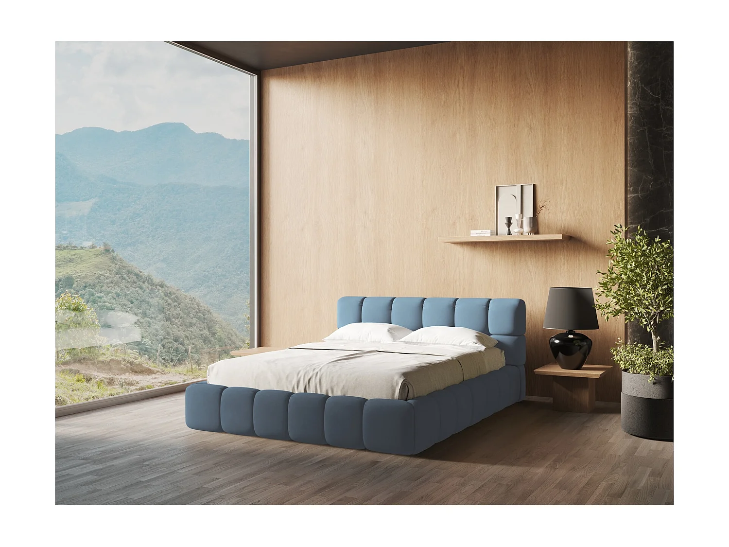 Łóżko 200 x 228 - z tkaniny szenilowej - jeans - NALU