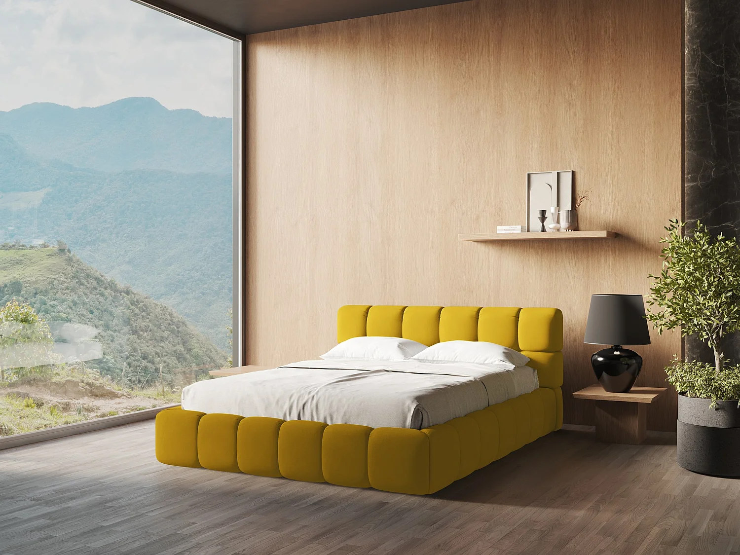 Lit coffre en tissu chenille 180 x 200 - moutarde - NALU