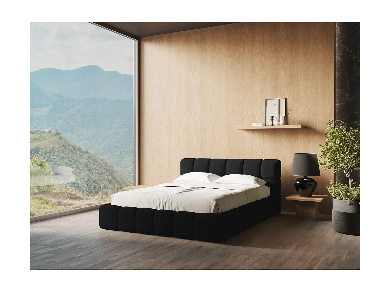 Lit coffre en tissu chenille 160 x 200 - noir - NALU