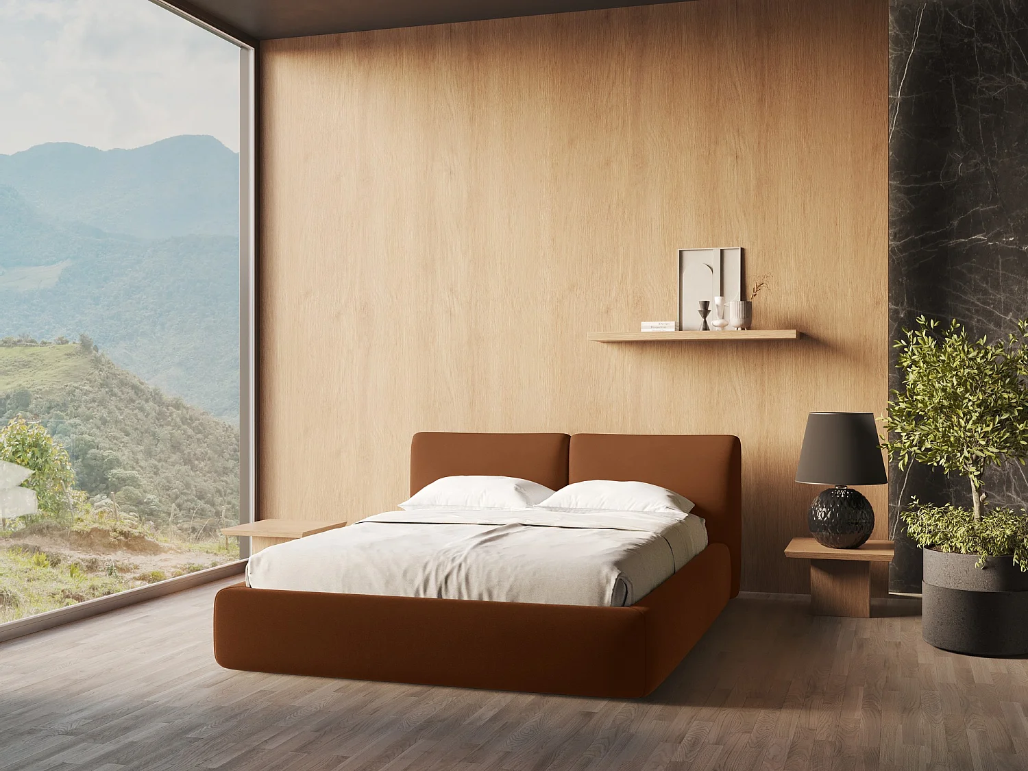 Bed met opbergruimte 200 x 228 - velours - terracotta - HOKU