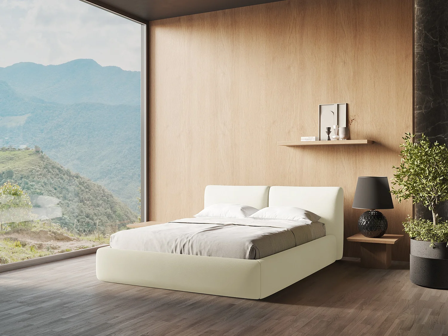 Bett mit Bettkasten - 160 x 228 - Chenille - Beige - HOKU