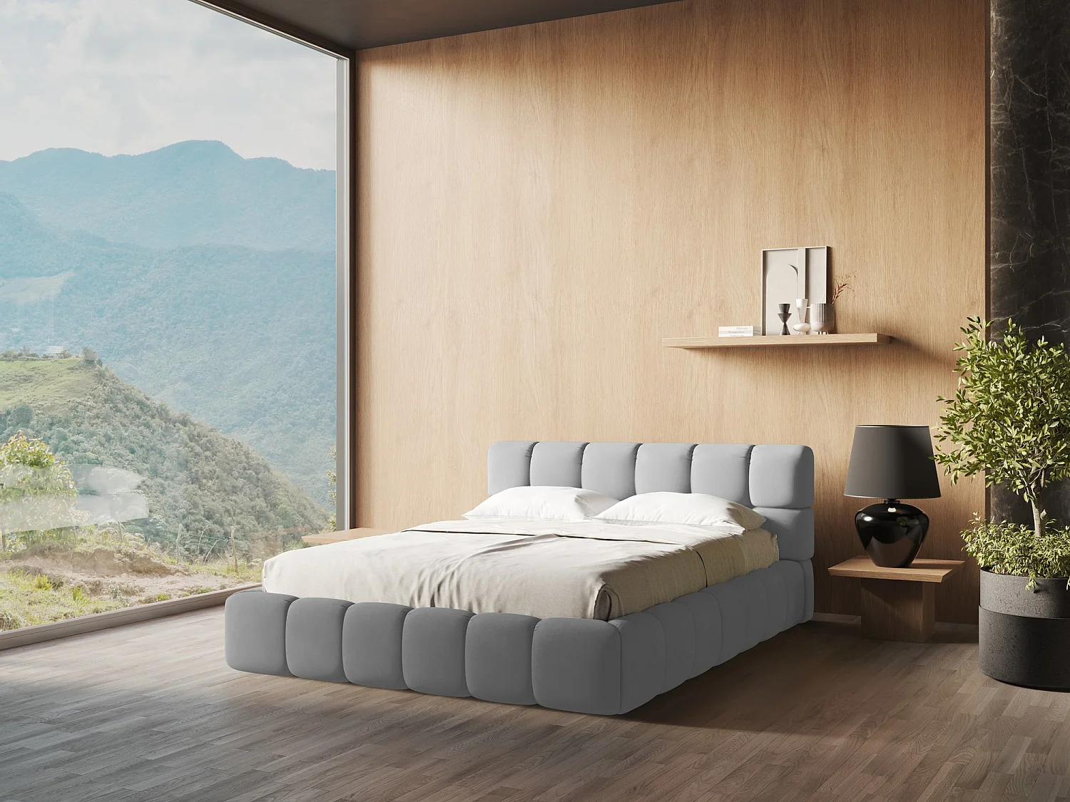 Łóżko 200 x 228 - z tkaniny szenilowej - jasny szary - NALU