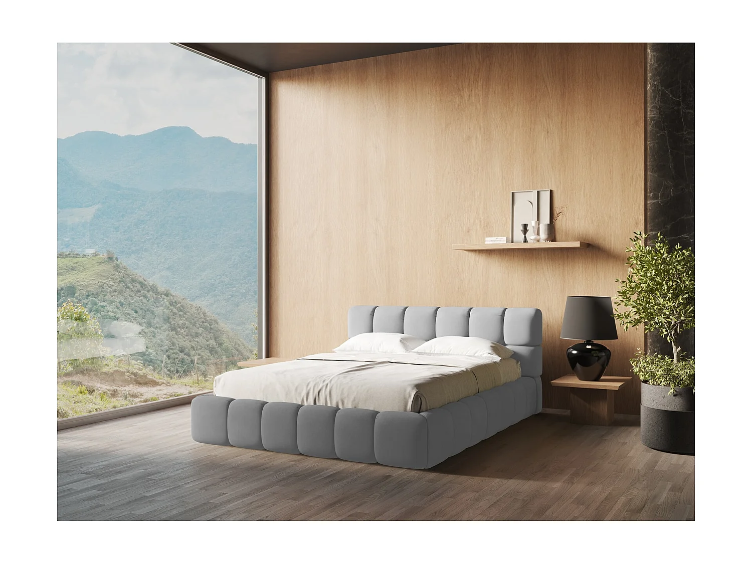 Lit coffre en tissu chenille 160 x 200 - gris clair - NALU