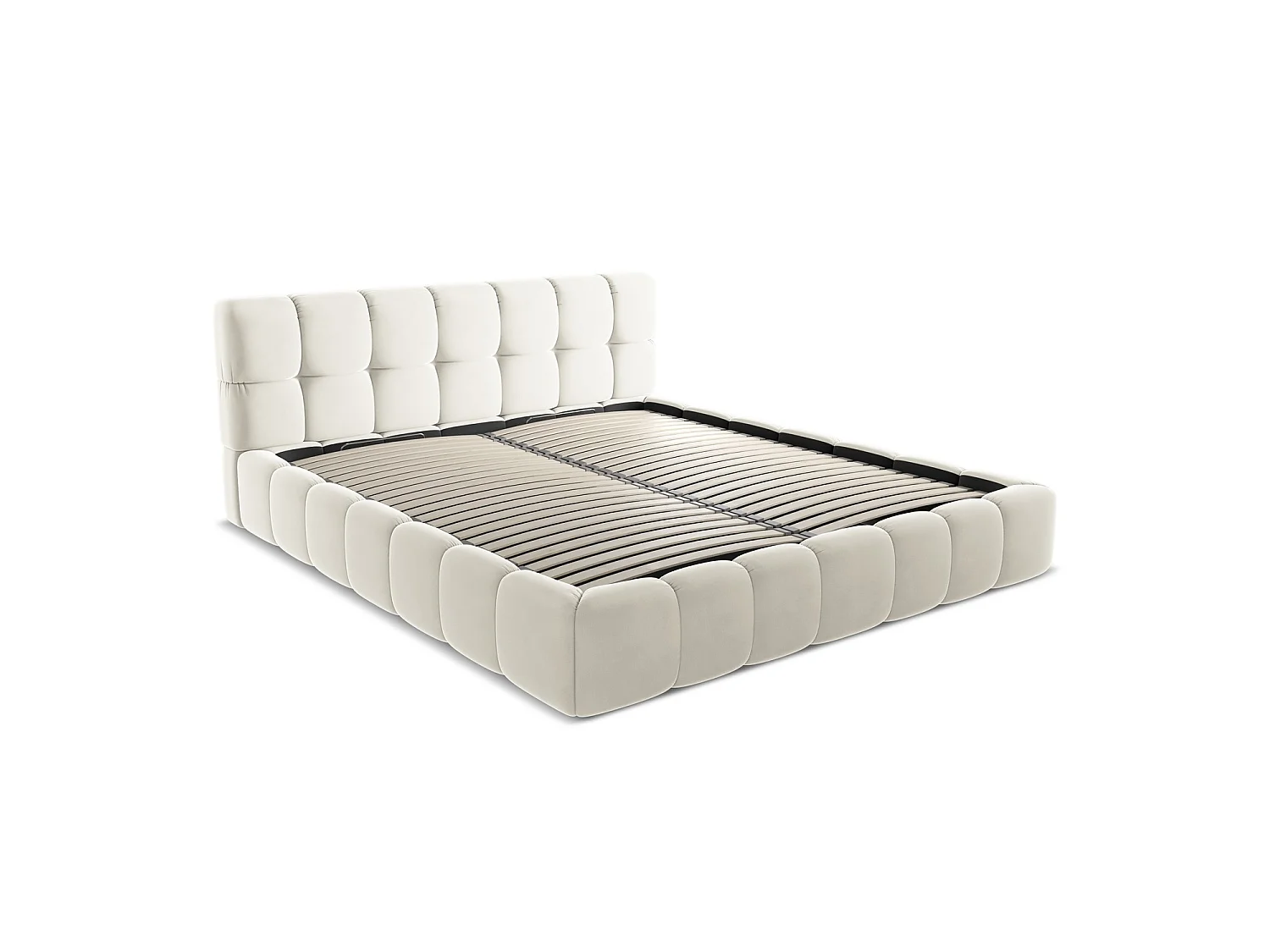 Bett mit Bettkasten - 200 x 228 - Samt - Hell beige - ROMA
