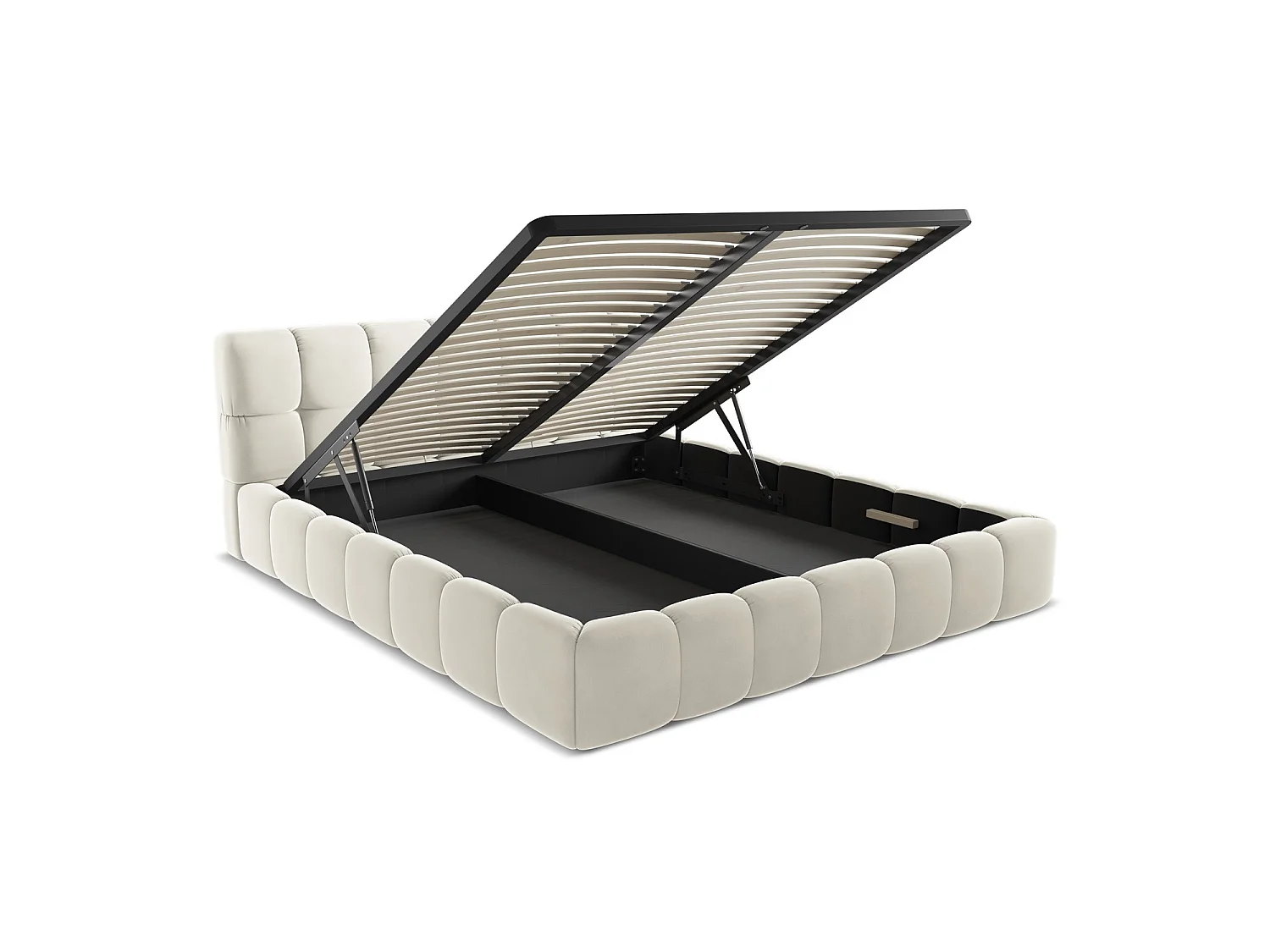 Bett mit Bettkasten - 200 x 228 - Samt - Hell beige - ROMA