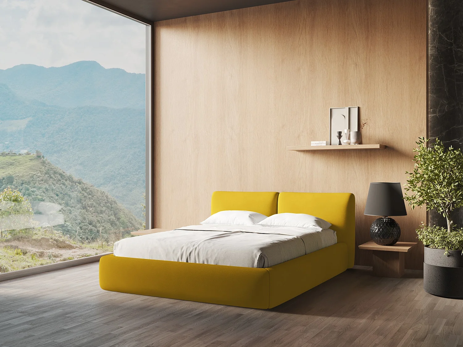 Lit coffre en tissu chenille 140 x 200 - moutarde - HOKU