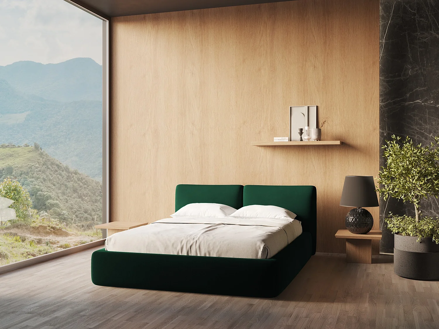 Lit coffre en velours 140 x 200 - bouteille verte - HOKU