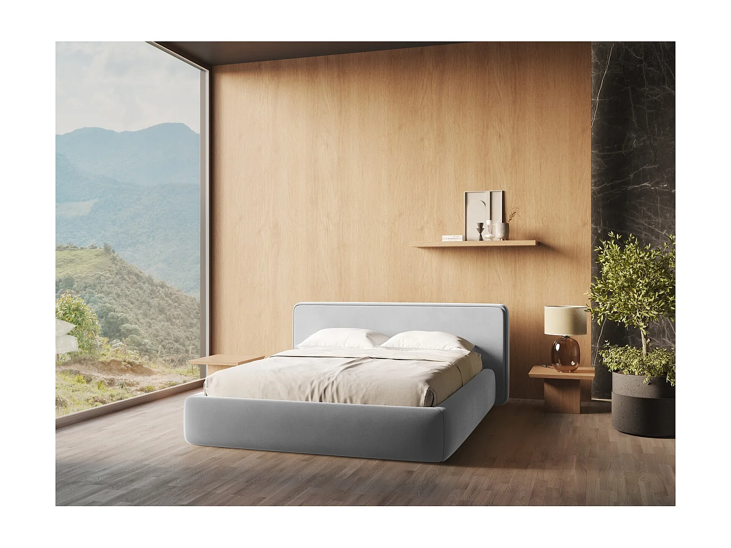 Lit coffre en velours 140 x 200 - gris - KIANA