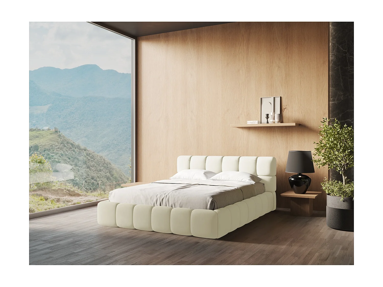 Lit coffre en tissu chenille 140 x 200 - beige - NALU