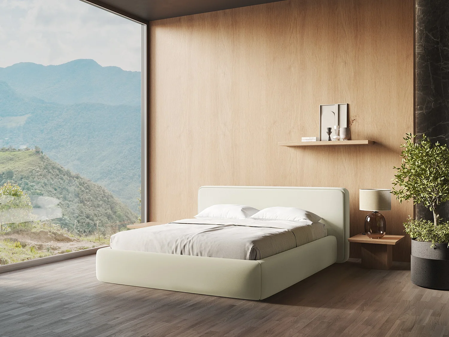 Cama com espaço de arrumação 160x200 cm em tecido bouclé - branco - KIANA