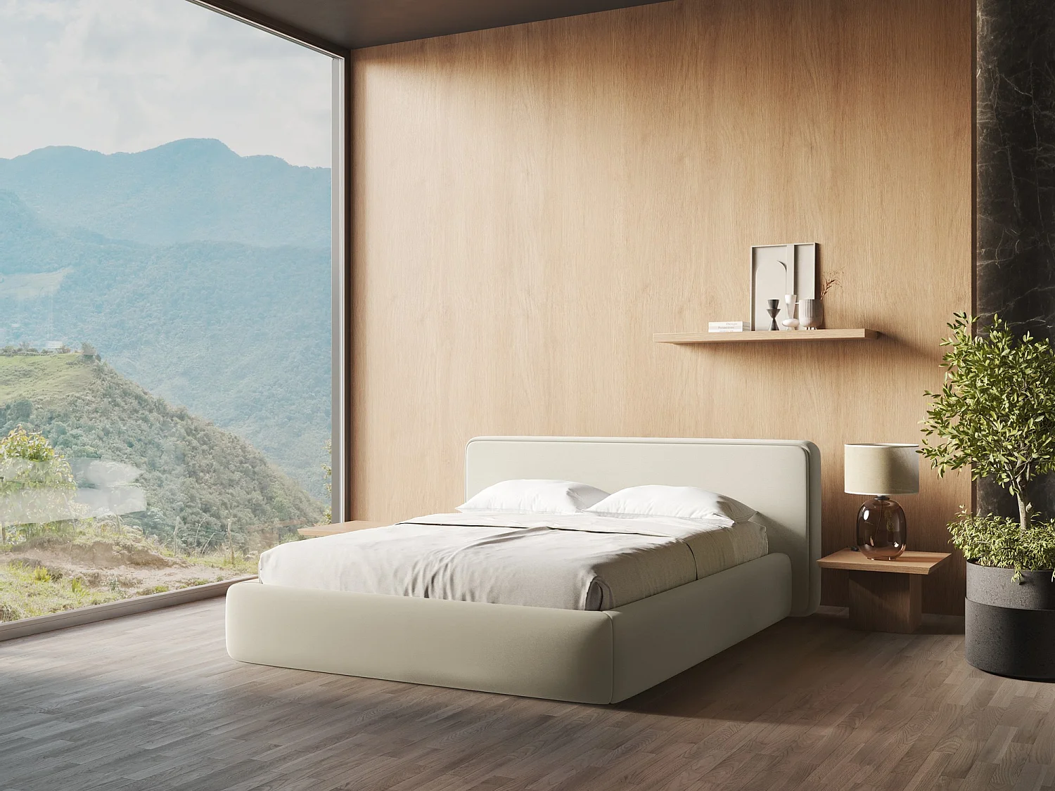 Bett mit Bettkasten - 180 x 225 - Bouclé - Hell beige - KIANA