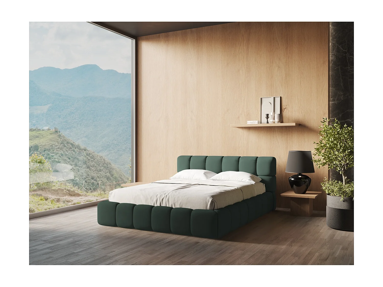 Lit coffre en tissu chenille 160 x 200 - vert - NALU