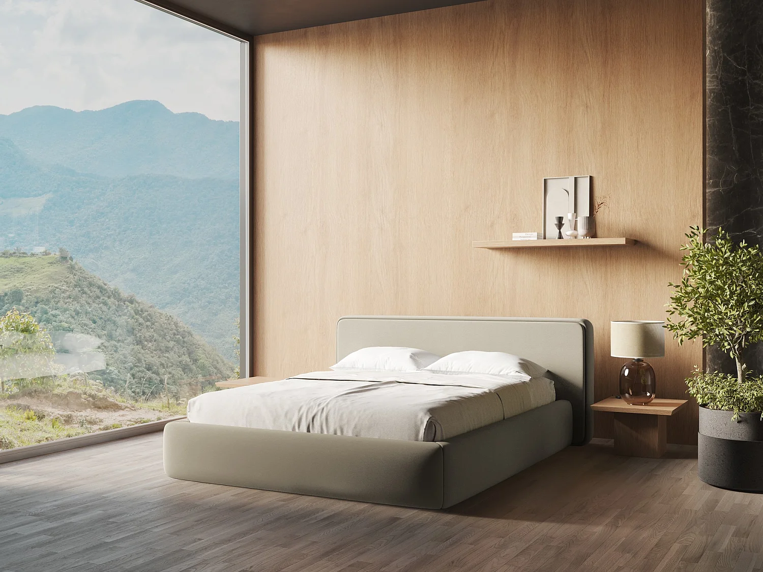 Cama com espaço de arrumação 180x200 cm em tecido bouclé - bege - KIANA