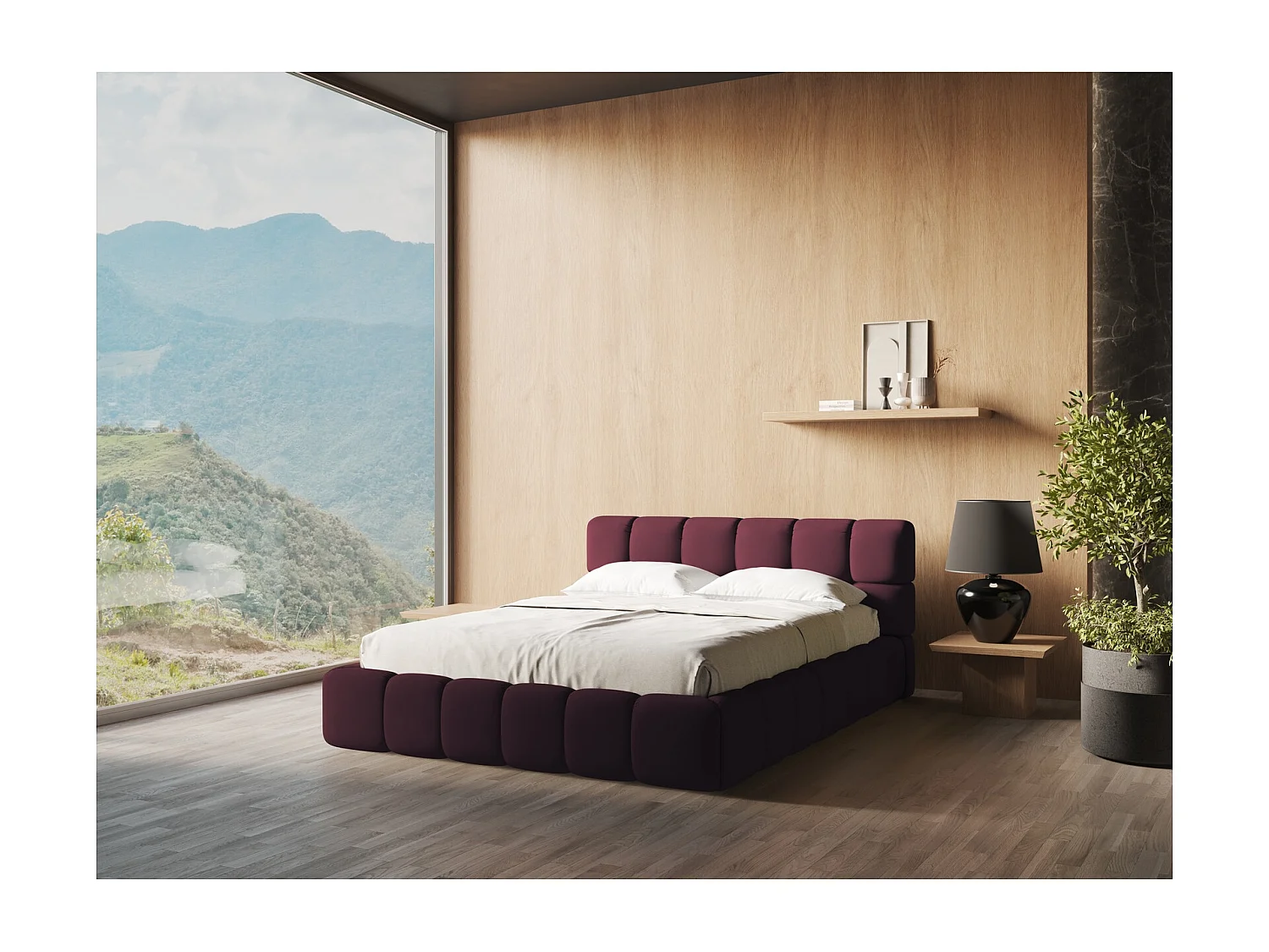 Łóżko 200 x 228 - z tkaniny szenilowej - bordo - NALU