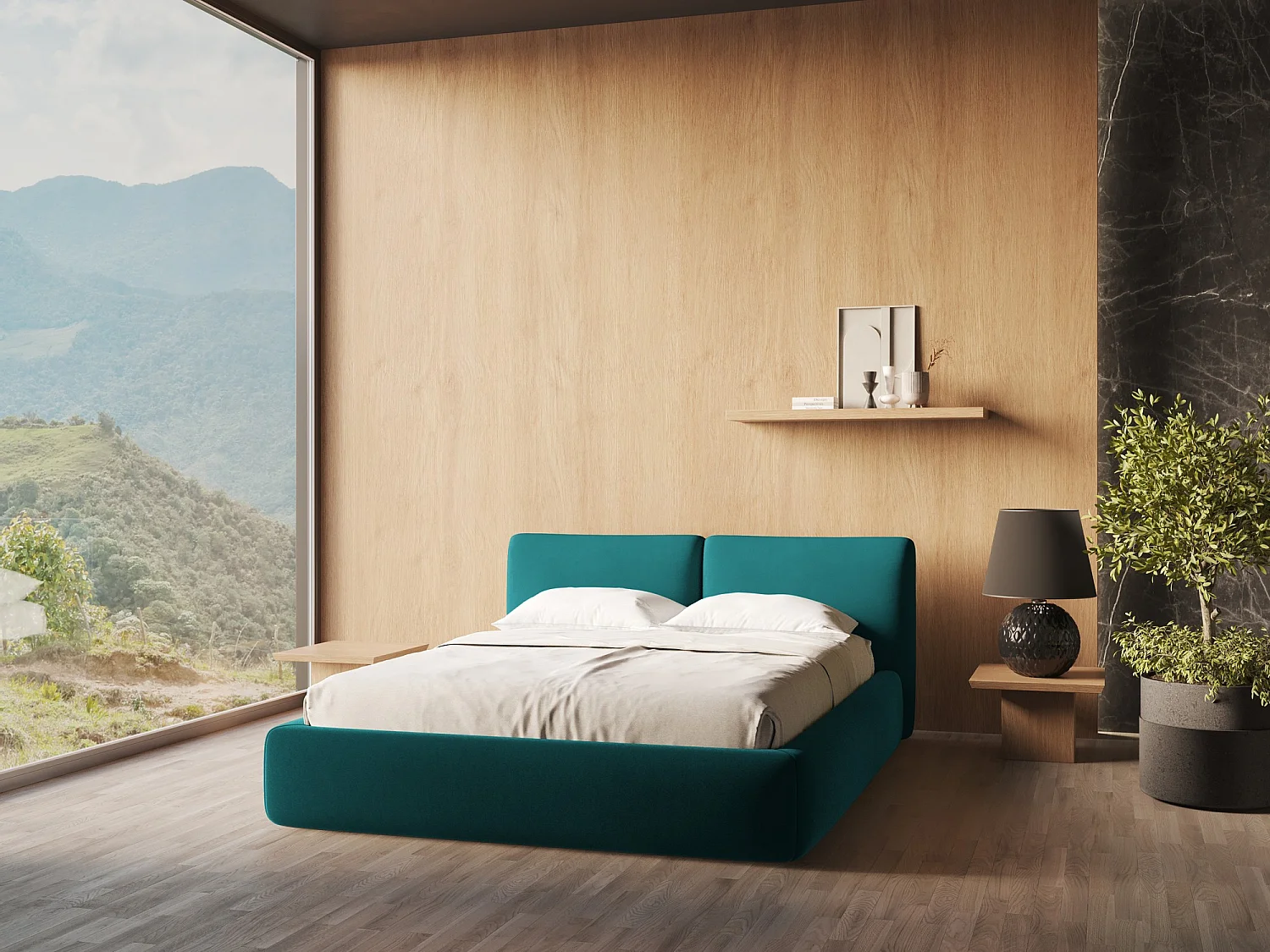 Lit coffre en velours 140 x 200 - marin - HOKU