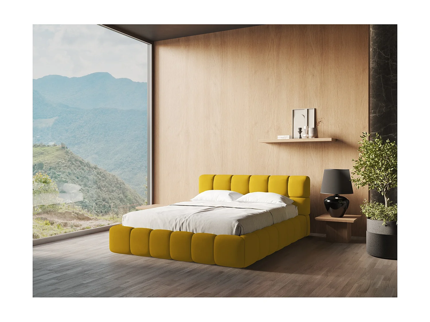 Lit coffre en tissu chenille 140 x 200 - moutarde - NALU