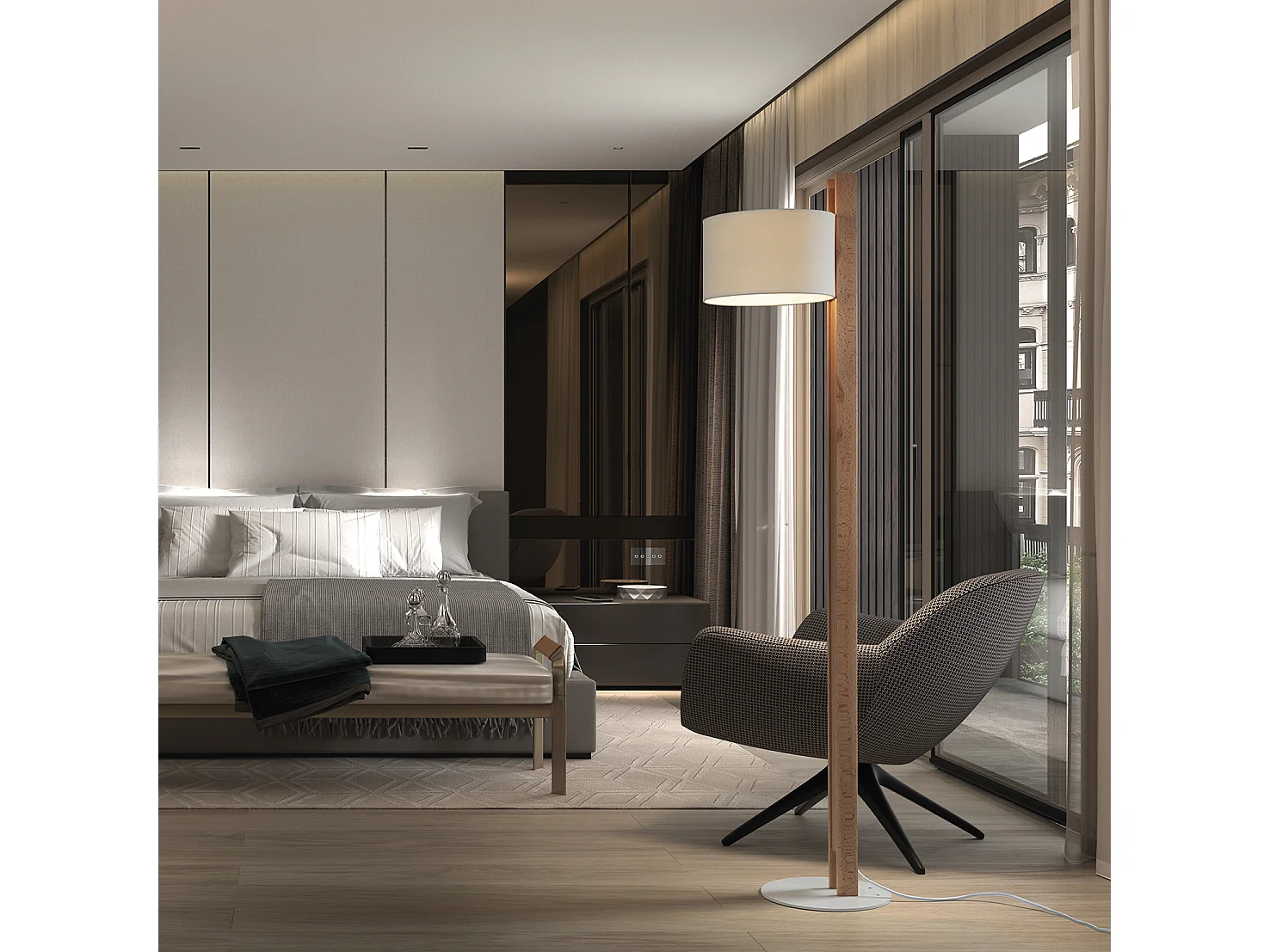 COMPACT Stehleuchte im modernen Stil aus Holz – H 140,5 cm – E27 40 W – IP20 – Holz und braune Baumwolle