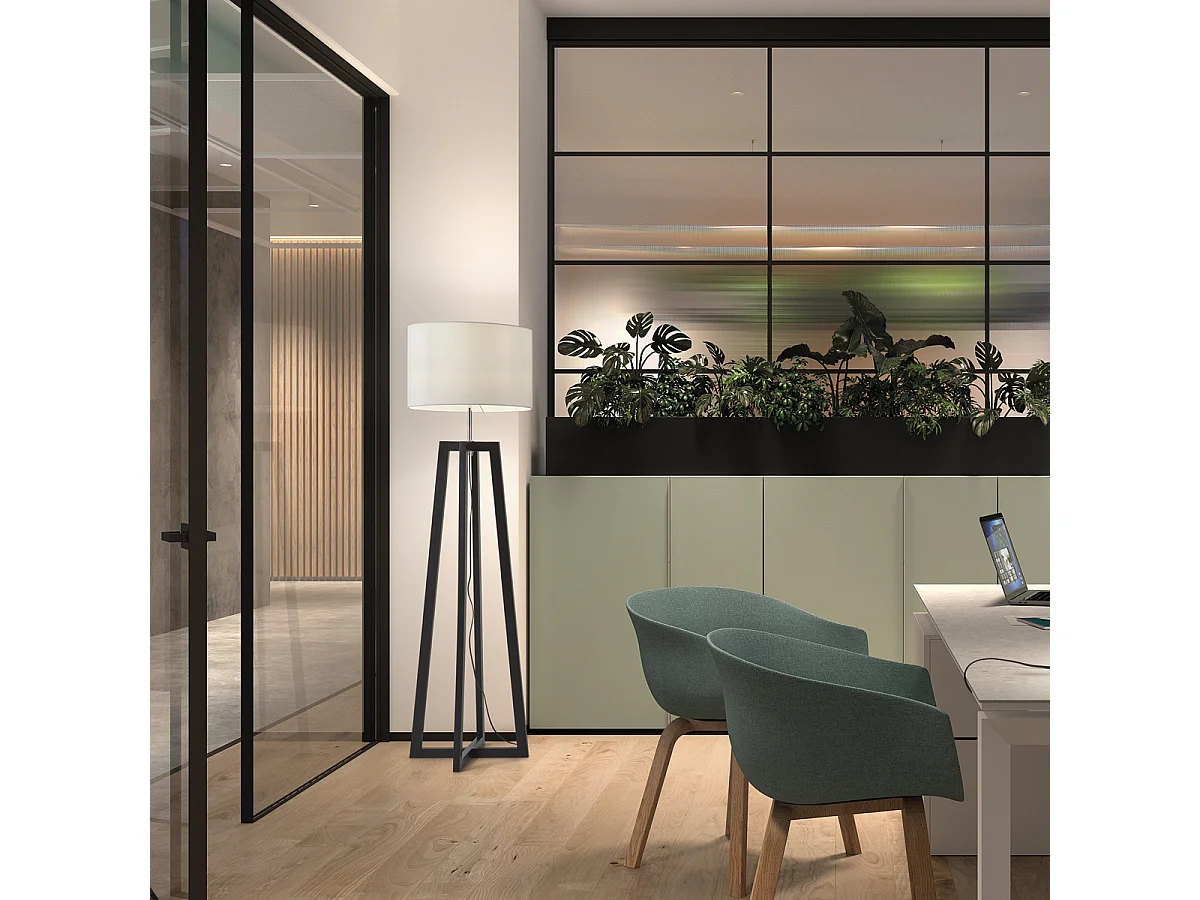 KARA Stehleuchte im modernen und klassischen Stil -Alt. 158 cm x T. ø45 cm – E27 60 W – 2 m Kabel – Ein/Aus – IP20 – Holz – Stahl und schwarz – weiße Baumwolle