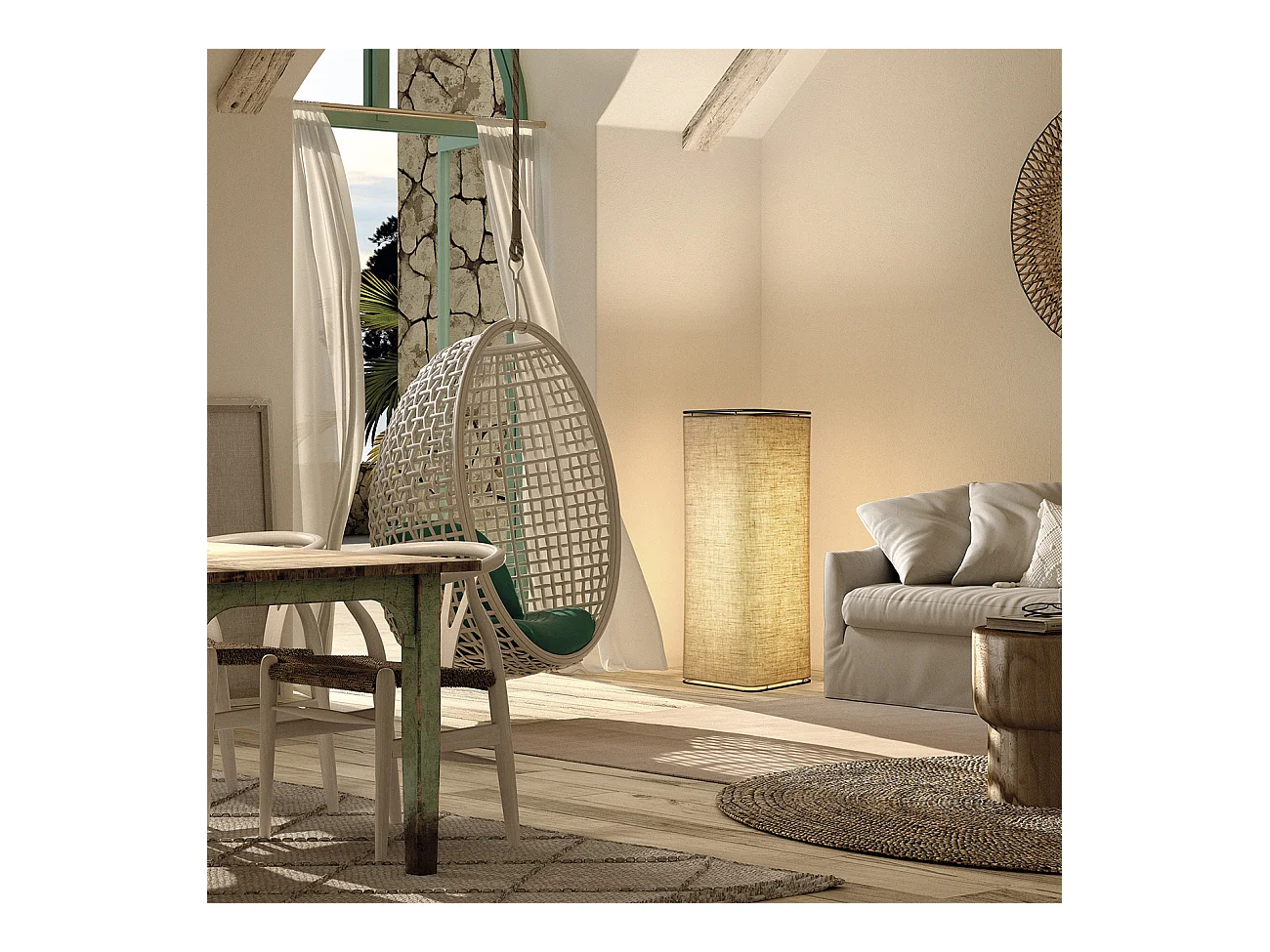 Lámpara de pie  AKIRO estilo moderno - Ancho 35 x Alt. 102 cm - 2X LED T8 - 14W  3K - IP20 - on&off - cable 2 mts- negro-  Acero y lino - saco