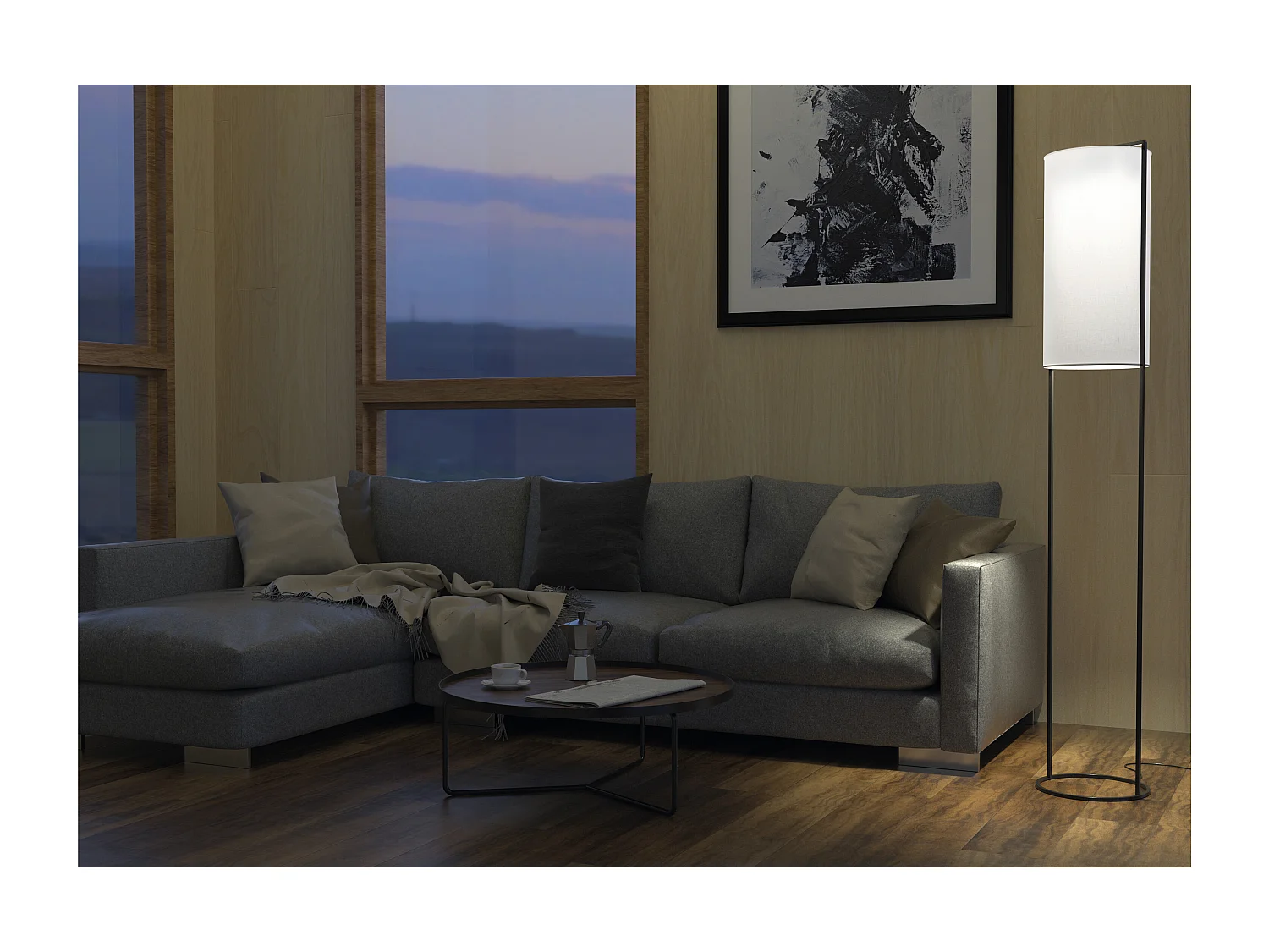 Lámpara de pie SINTRA estilo moderno - Alt. 164 cm - E27 40W - pantalla ø28 cm- cable 2 metros - on&off - acero y algodón - negro