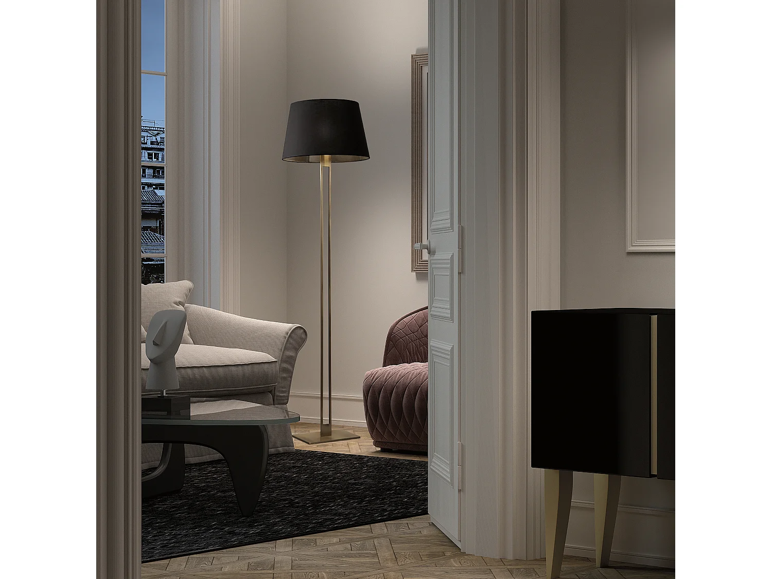 Candeeiro de pé CLASSICAL estilo clássico - A170 cm - on/off - aço e níquel acetinado - abat-jour Ø45 cm - branco - E27 Máx. 60W- IP20