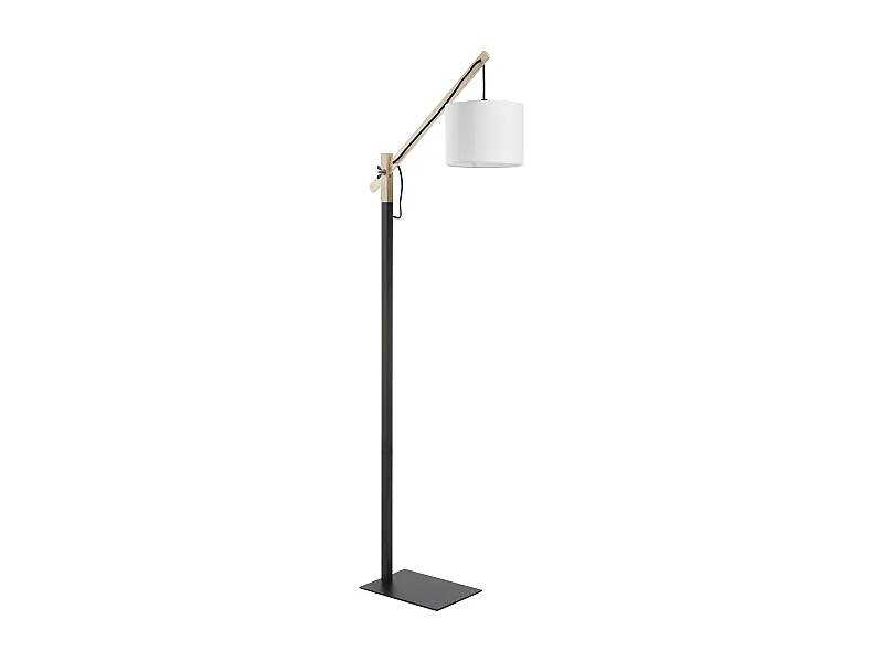 Nowoczesna lampa pod?ogowa BRITTA - Wysoko?? 128 cm - E27 60W - 90° - kabel 2 metry - w??czanie i wy??czanie - stal i drewno - czarno - bia?y bawe?niany aba?ur