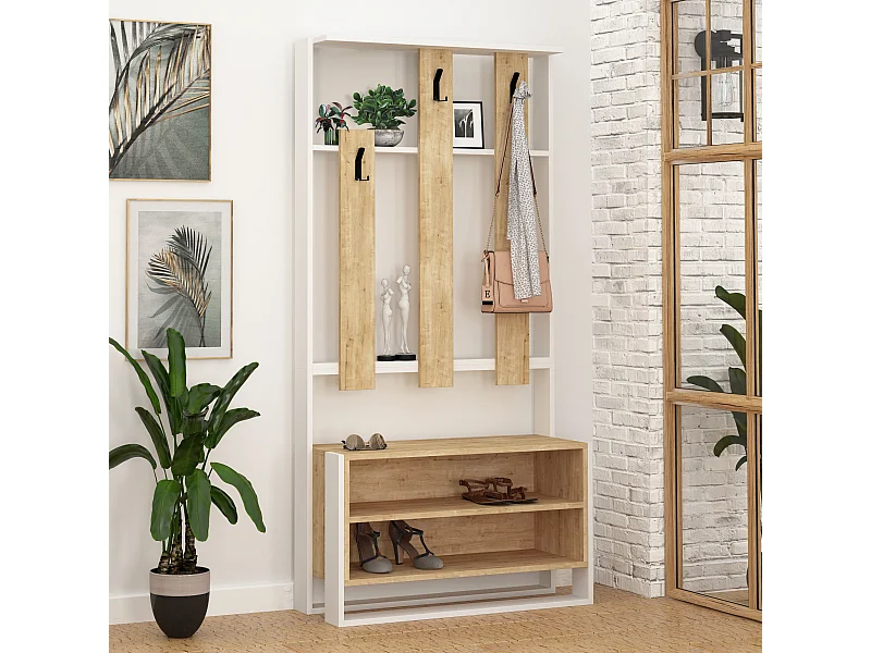 Decortie Blanc 36x90x180cm Porte-manteau avec 2 niveaux, panneau de particules, métal, rectangulaire, Chester