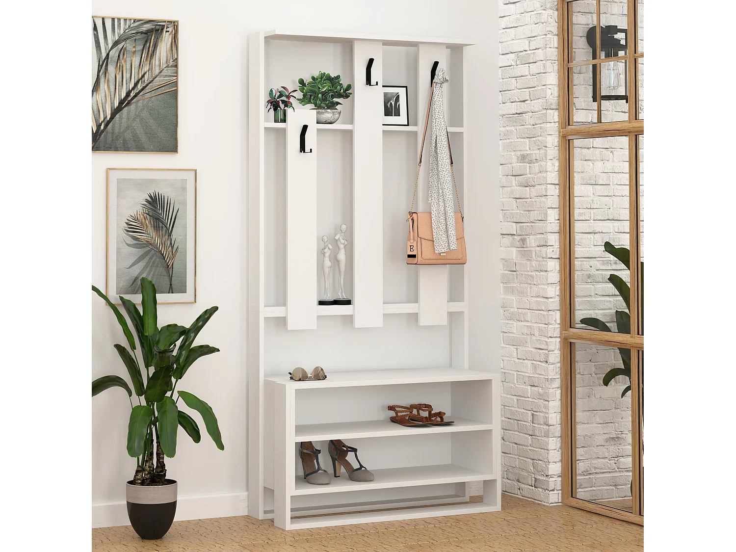 Decortie Blanc 36x90x180cm Porte-manteau avec 2 niveaux, panneau de particules, métal, rectangulaire, Chester
