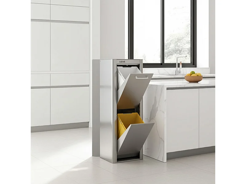 Pattumiera da cucina - Bidone per raccolta differenziata - 2 scomparti da 20L - Acciaio inox - CUBEK